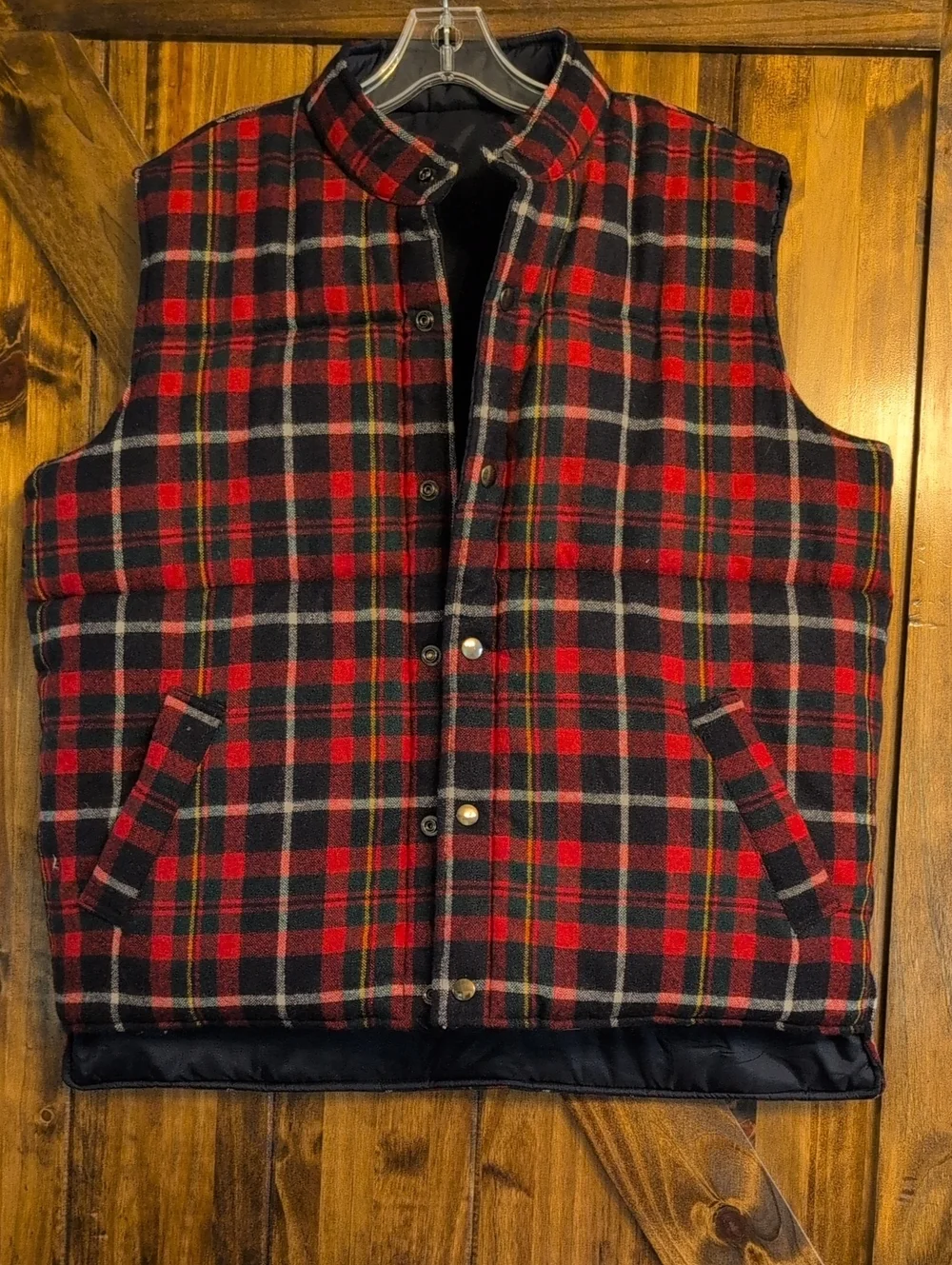 Vintage Arrow Reversible Wool Nylon Snap Puffer Vest Mens‎ Large Plaid Navy